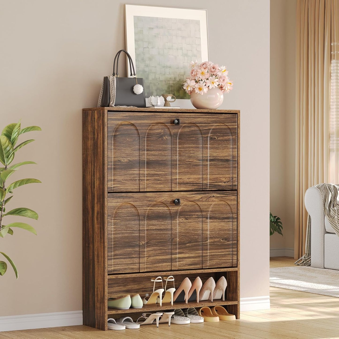 LITTLE TREE Shoe Cabinet Storage for Entryway with 2 Flip Drawers, Narrow Hidden Freestanding Organizer, Skinny Farmhouse Shoes Closet with Rack, for Entryway,Hallway, Living Room,Rustic Brown