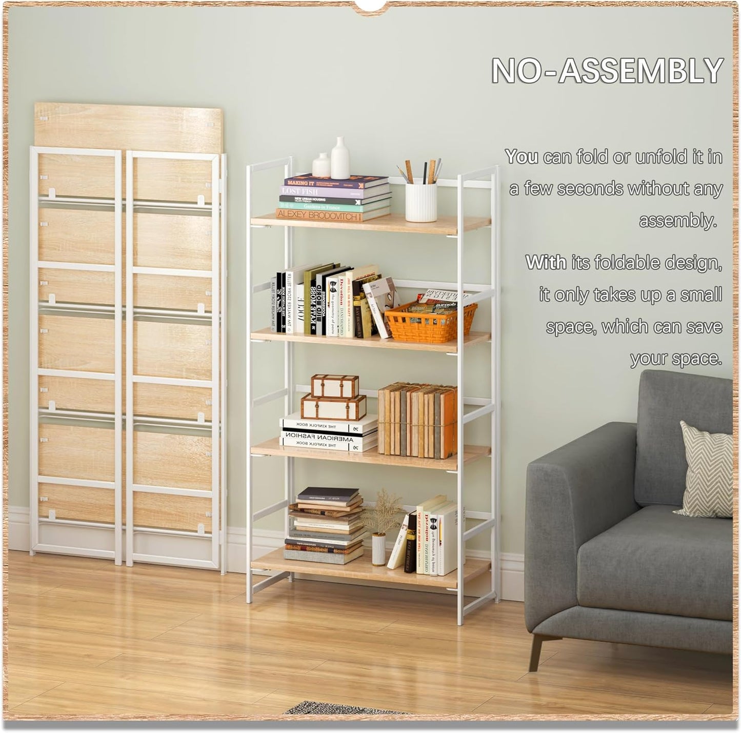 4NM No Assembly 4 Tiers Book Shelves, White Folding Bookshelf Bookcase Open Industrial Foldable Shelves for Bedroom, Living Room, Home Office - Natural White