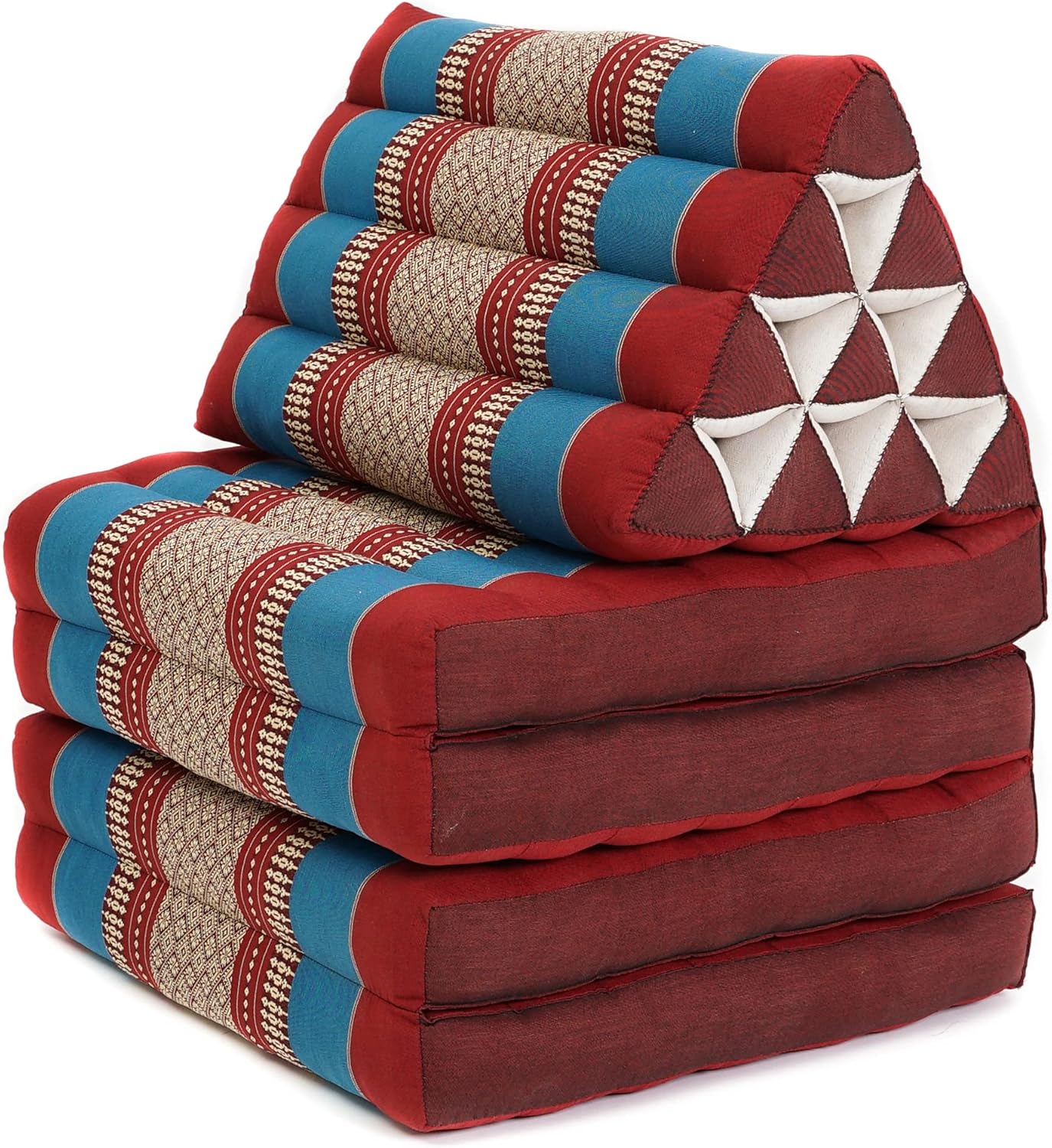 Leewadee Comfortable Japanese Floor Mattress - Thai Floor Bed with Triangle Cushion - Futon Mattress - XL Extra Long Thai Massage Mat, 89 x 20 inches, Blue Red, Kapok Filling