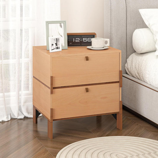 Sebastack Night Stand, Customizable 2 Drawers Bedside Table, End Table, Side Table for Bedroom, Dormitory, Mid-Century Style Wood Chest of Furnitures, Beech Color