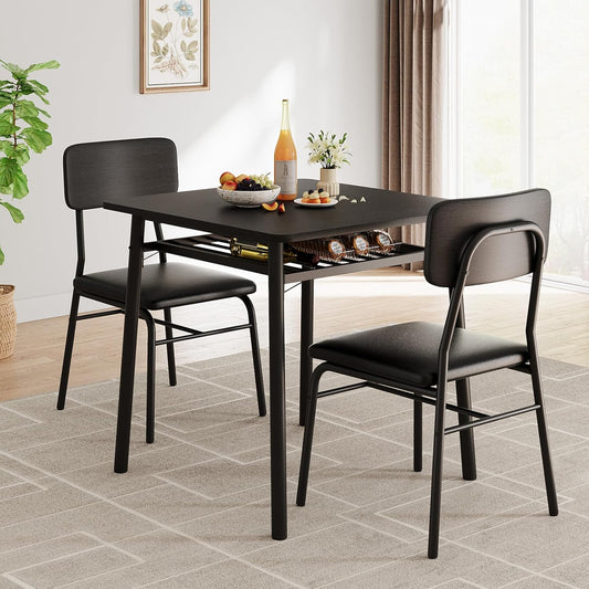 GarveeHome Dining Table for 2 with Storage Rack, Small Kitchen Table for 2 with Metal Frame, Square Table with Upholstered Chairs Set of 2, 3-Piece Dining Room Set for Small Space, Apartment, Black