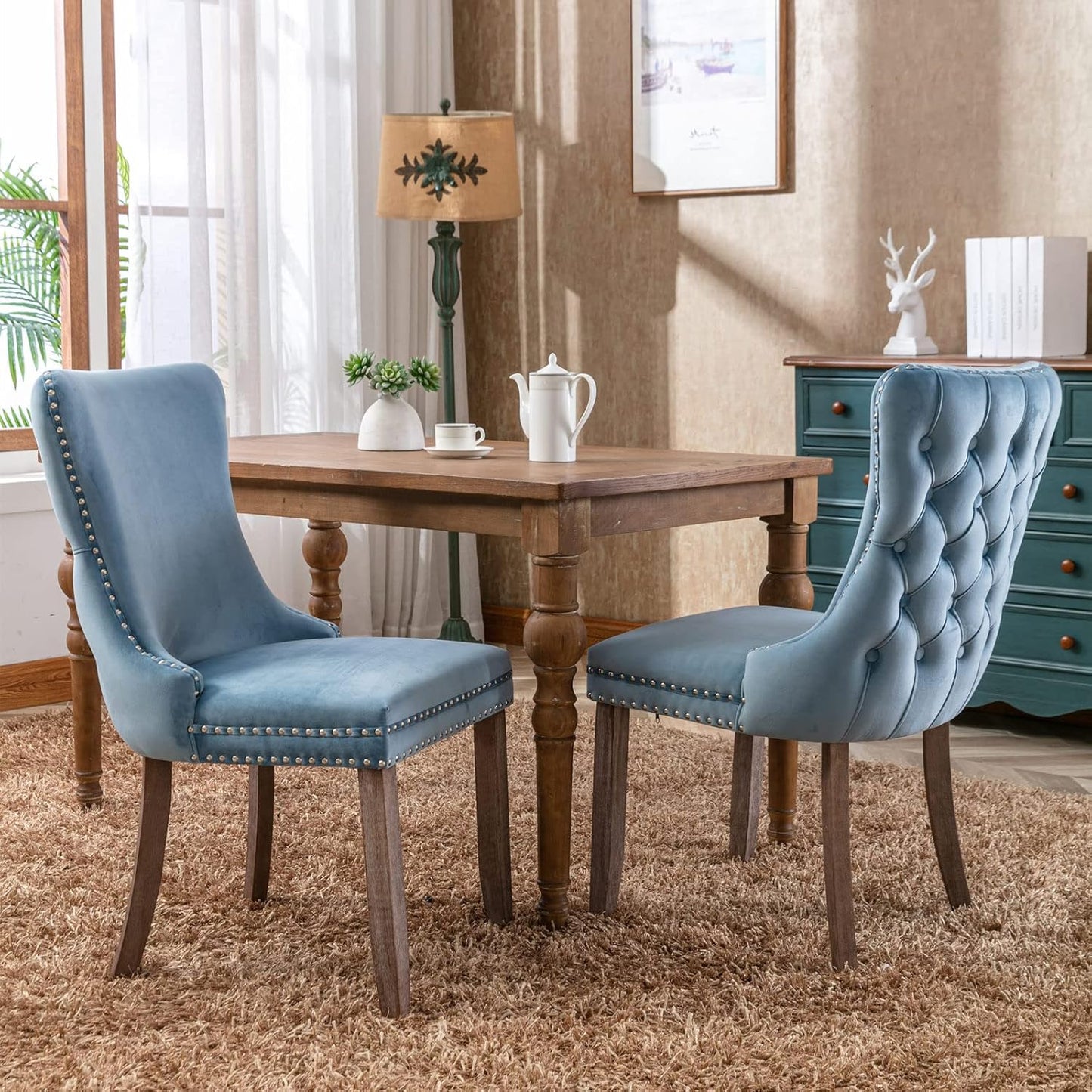 PacknWood Acosure Set of 2 Velvet Upholstered Wing-Back Dining Chair with Backstitching Nailhead Trim,Exquisite Furniture Stool W/Wood Legs,for Kitchen,Sitting Room,Light Blue