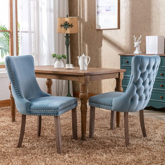 PacknWood Acosure Set of 2 Velvet Upholstered Wing-Back Dining Chair with Backstitching Nailhead Trim,Exquisite Furniture Stool W/Wood Legs,for Kitchen,Sitting Room,Light Blue