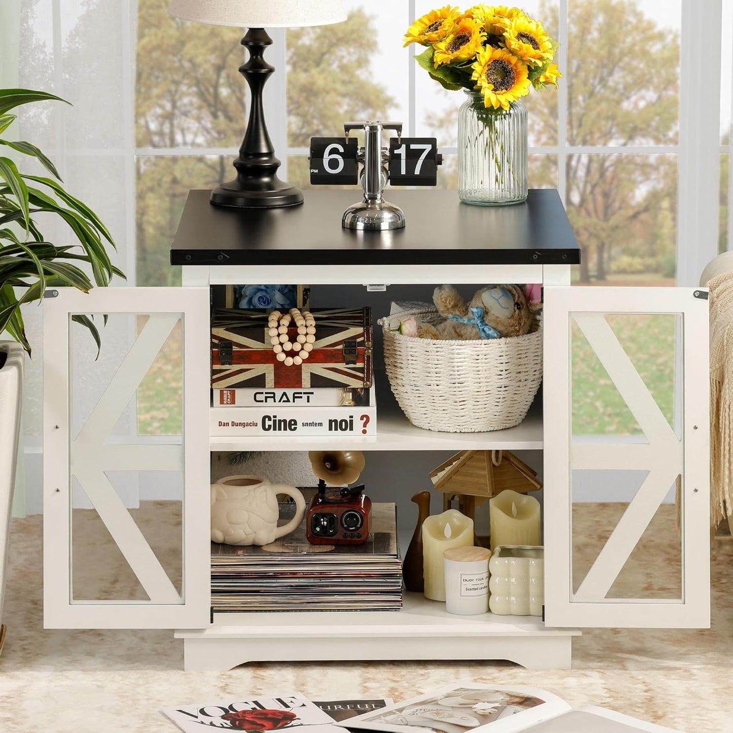 Farmhouse End Table, 24" Large End Tables with Storage, Rustic Square Sofa Beside Table with Glass Barn Door, Wood Side Table Square Nightstand for Living Room, Bedroom, Office (White)