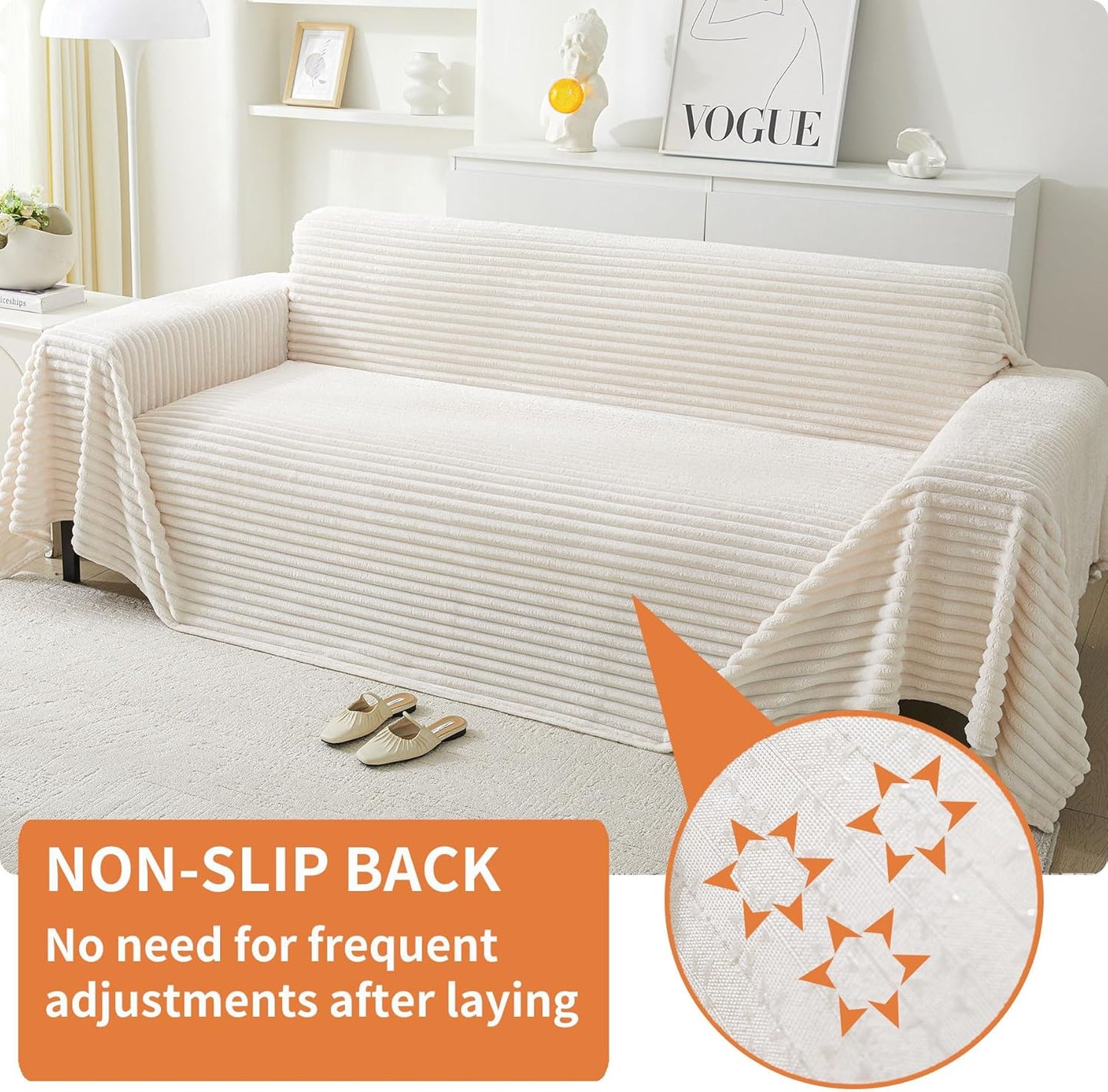 HAOMAIJIA Faux Fur Sofa Covers Couch Covers for 3 Cushion Couch Sofa Pet Friendly Soft Non Slip Couch Cover for Dogs Washable Sectional Couch Covers L Shape Furniture Protector (Off White, 91"x134")