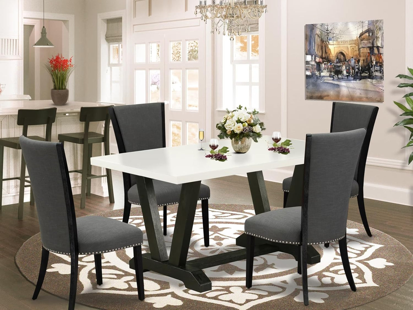 East West Furniture V626VE650-5 5 Piece Dining Set Includes a Rectangle Dining Room Table with V-Legs and 4 Dark Gotham Linen Fabric Parson Chairs, 36x60 Inch, Multi-Color