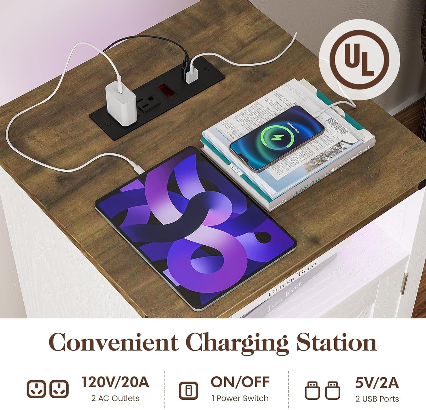 RoyalCraft Farmhouse Nightstand Set of 2, White Night Stand with LED Lights and Charging Station, Bedside Table Set of 2 with Storage and Door, Wood End Table for Bedroom, Home Office, Antique White