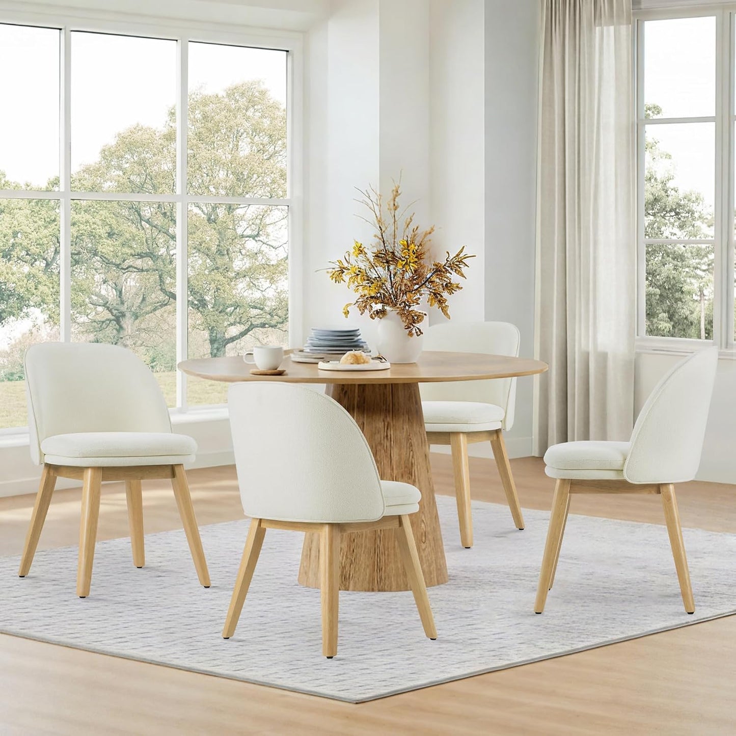 Wooden Dining Chairs Set of 2, Fabric Upholstered Modern Dining Room Chairs with Double-Layer Thick Seat Cushion & Ergonomic Backrest for Restaurant, Kitchen and Café, Beige