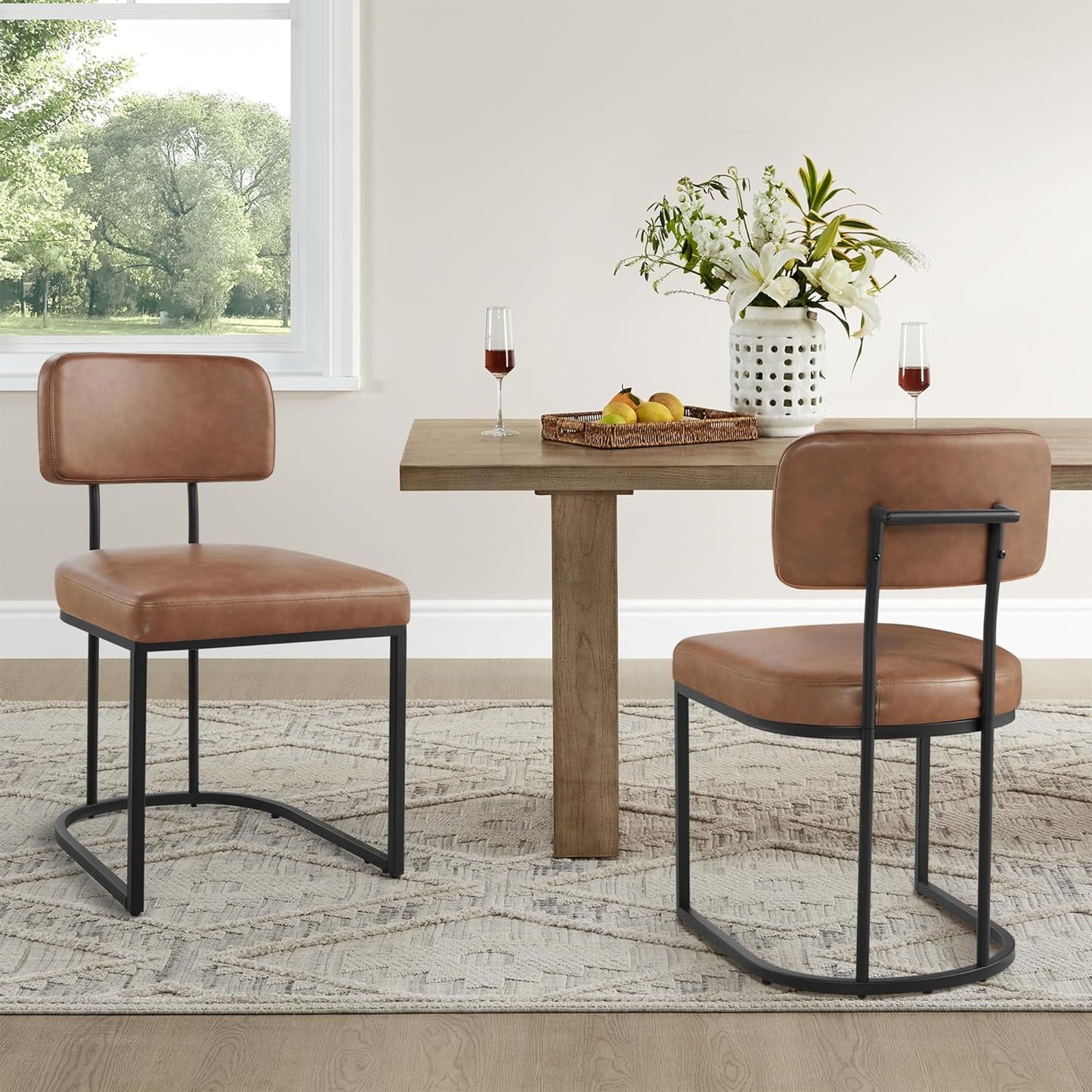 Dining Chairs Set of 6, Upholstered Modern Kitchen Chairs with Ergonomic Backrest, Faux Leather Cushion Seat & Metal Legs for Living Room, Restaurant, and Café, Brown, 2 Boxs