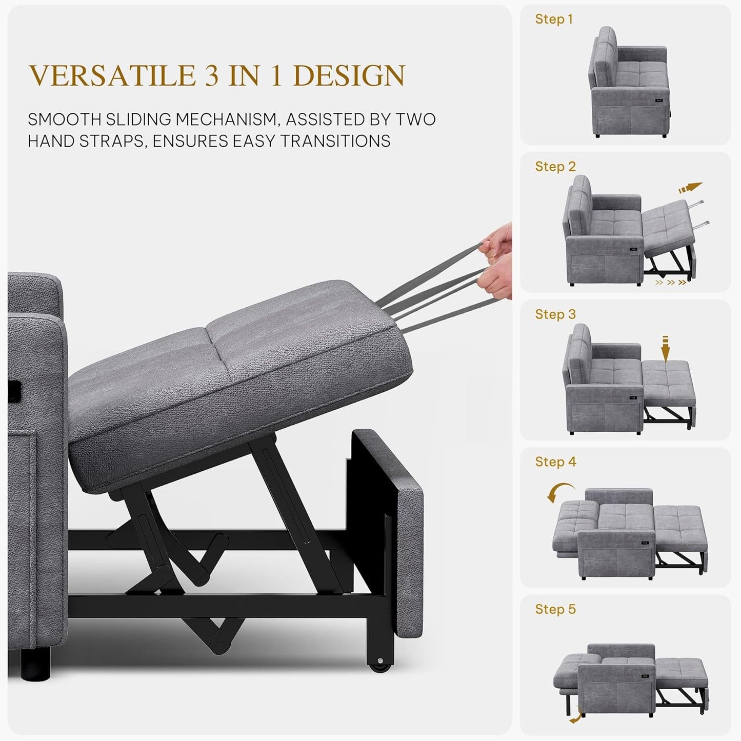 DWVO 55" Convertible Sofa Bed, 3-in-1 Sleeper Sofa with Pull-Out Couch, Velvet Futon Couch with Adjustable Backrest and USB, Modern Loveseat for Living Room Apartment, Light Grey
