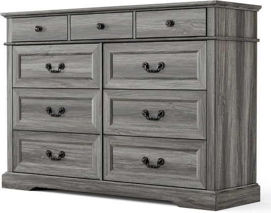 LINSY HOME Updated Dresser for Bedroom with 9 Drawers, Wide Chest of Drawers, Wooden Tall Bedroom Dresser, Storage Organizer for Closet, Living Room, Hallway, Grey