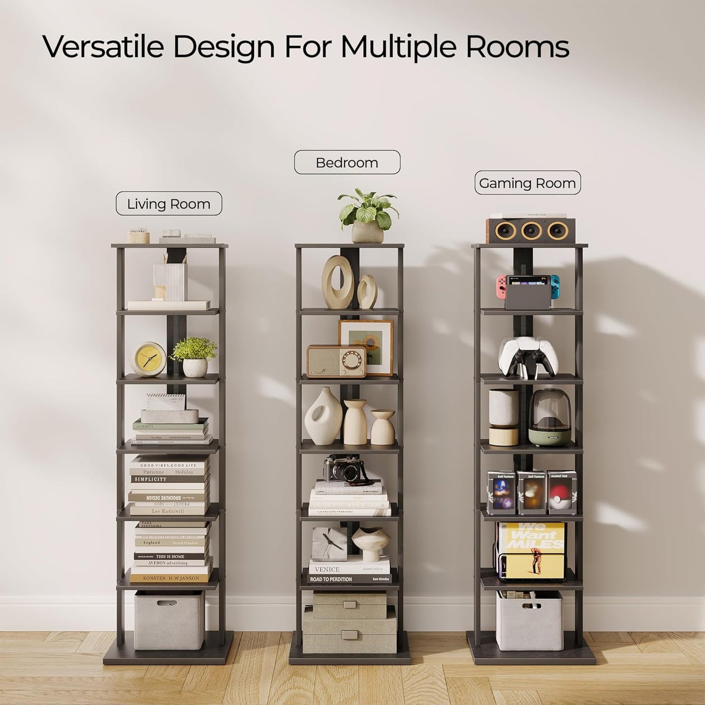 7-Tier Bookshelf, Narrow Bookcase with LED Lights, 47.2 Inch Book Shelf for Small Space, Display Storage Shelf for Living Room, Bedroom, Home Office, Study, Black