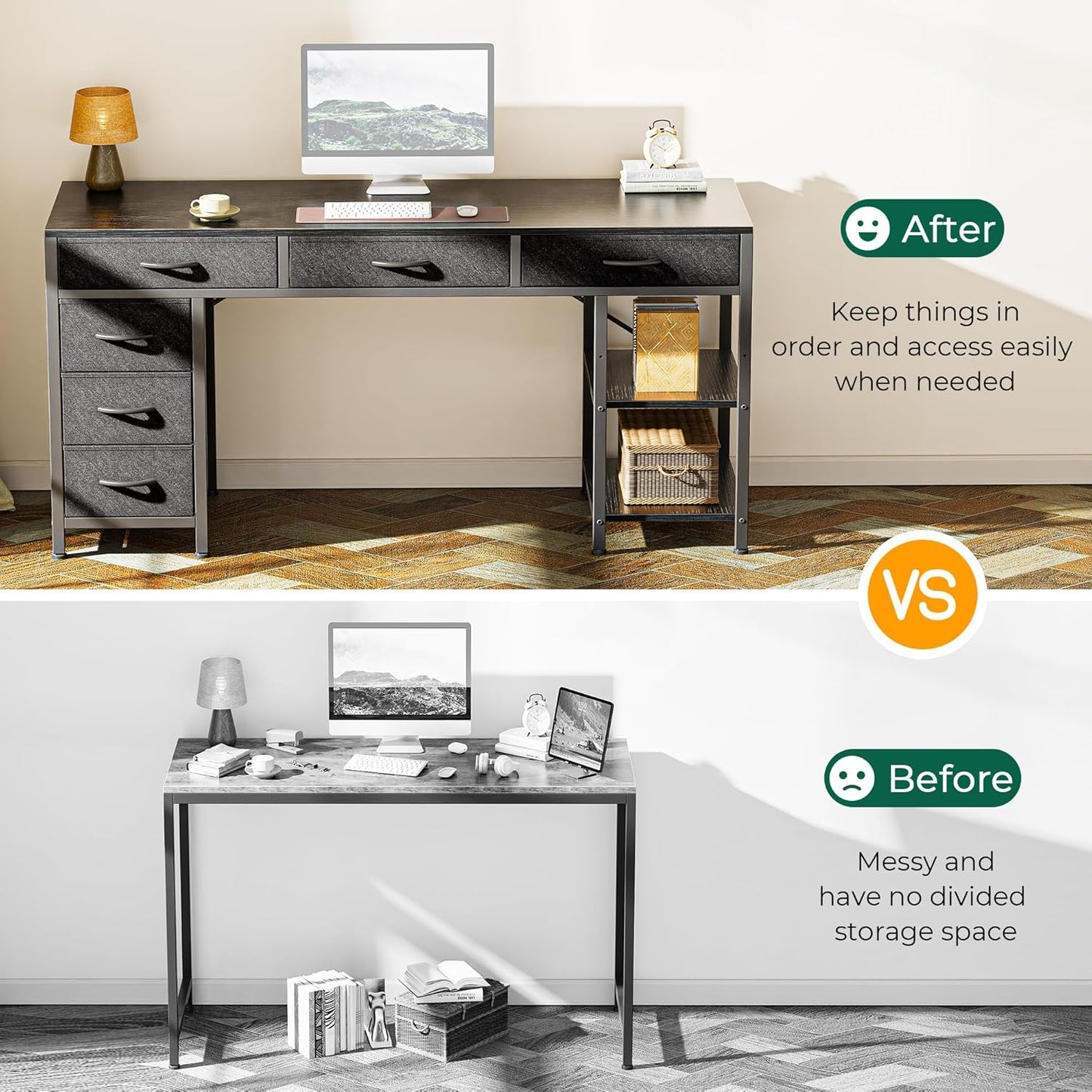 Huuger Computer Desk with 6 Drawers, 54 Inch Office Desk with Shelves, Reversible Gaming Desk, Corner Desk with Storage, Work for Home Office, Study, Living Room, Black