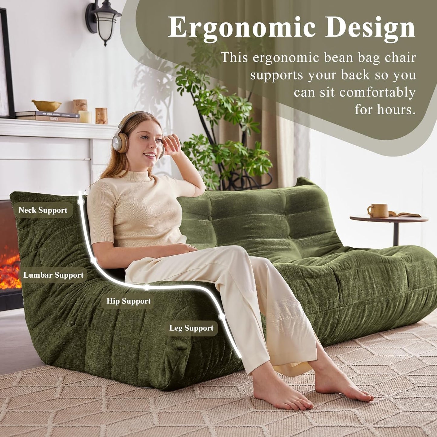 Bean Bag Chair, 3 Seater Fireside Chair Large Bean Bag Sofa for Adults, Memory Foam Chair Gaming Chairs with Comfy Design & Soft Fabric, Lazy Floor Sofa for Living Room, Bedroom, Olive Green