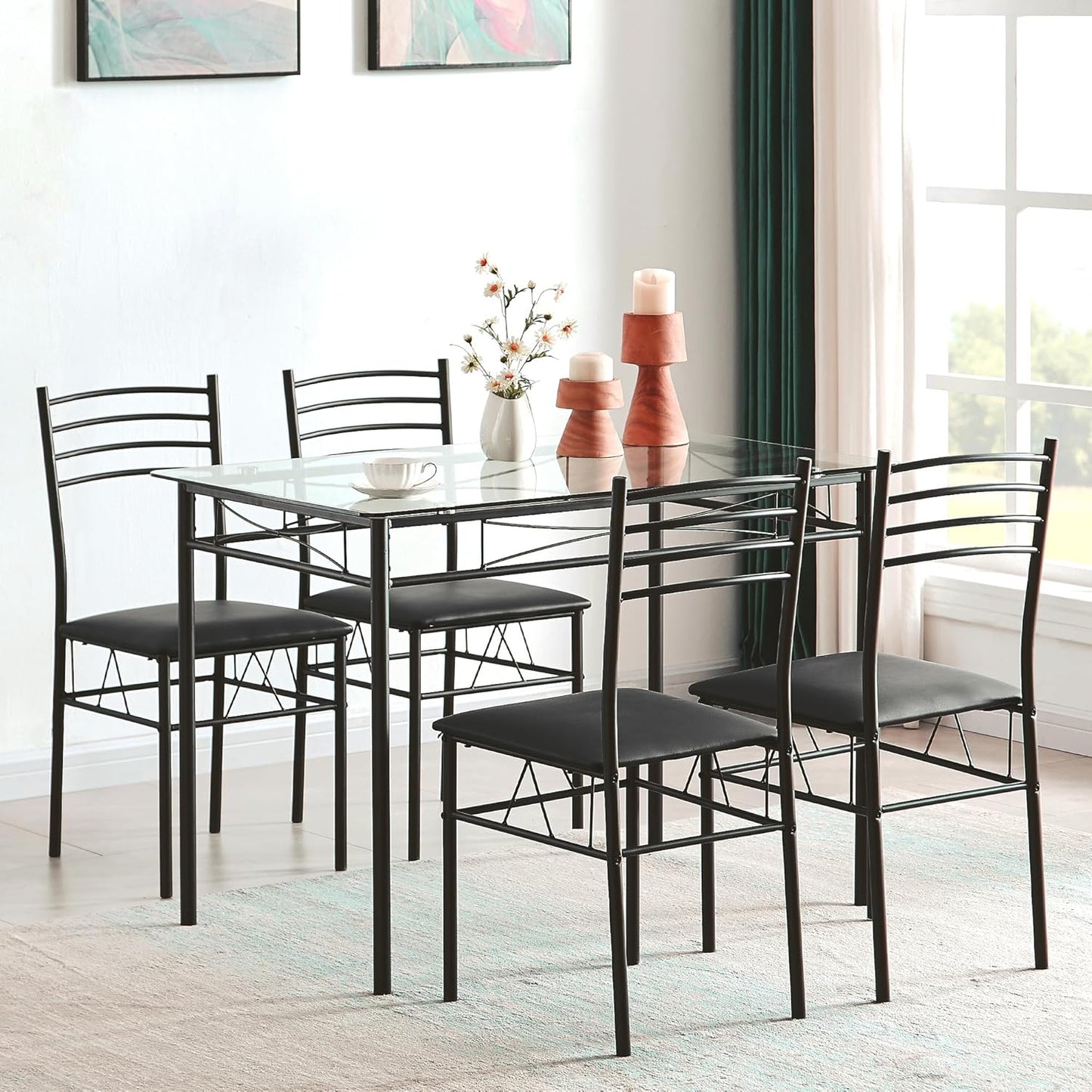 VECELO Kitchen Dining Table and Chairs Set for 4, Padded Seat & Glasses Tabletop, Space Saving, Matte Black