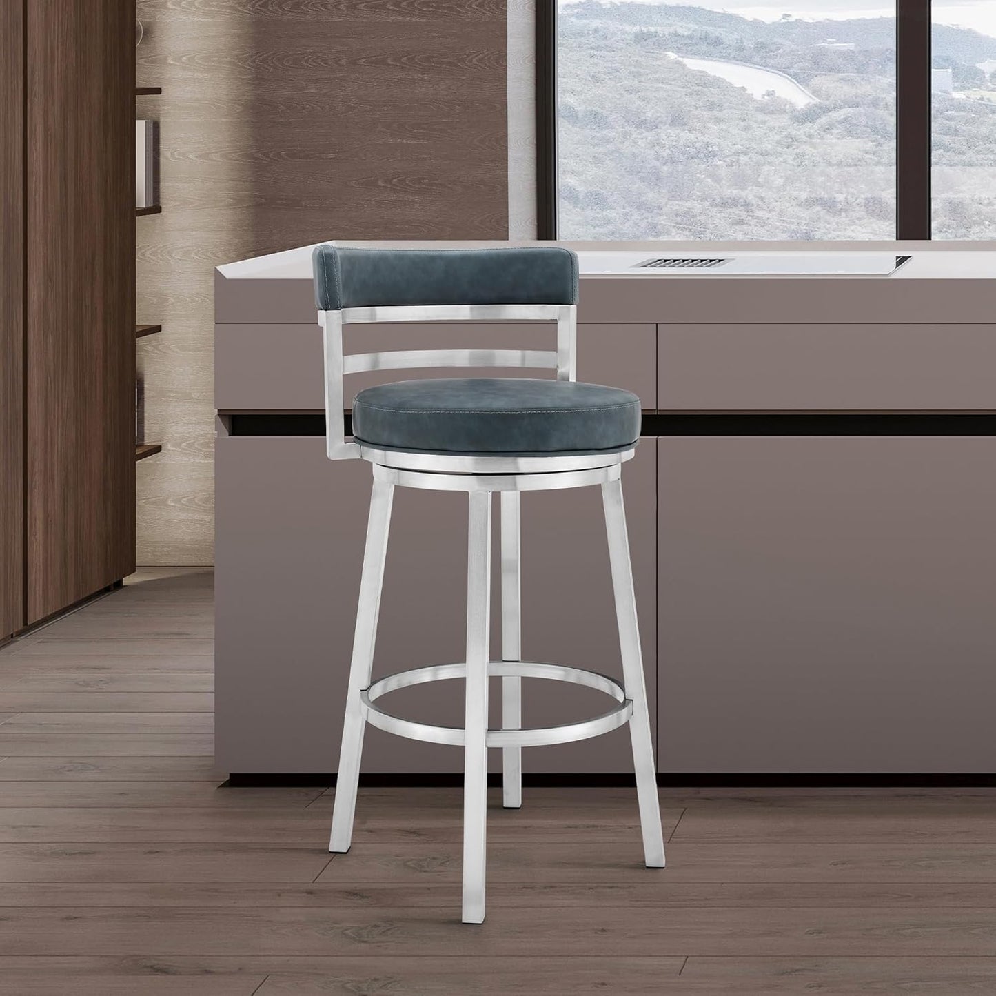 Armen Living Titana 26" Counter Height Swivel Blue Faux Leather and Brushed Stainless Steel Bar Stool