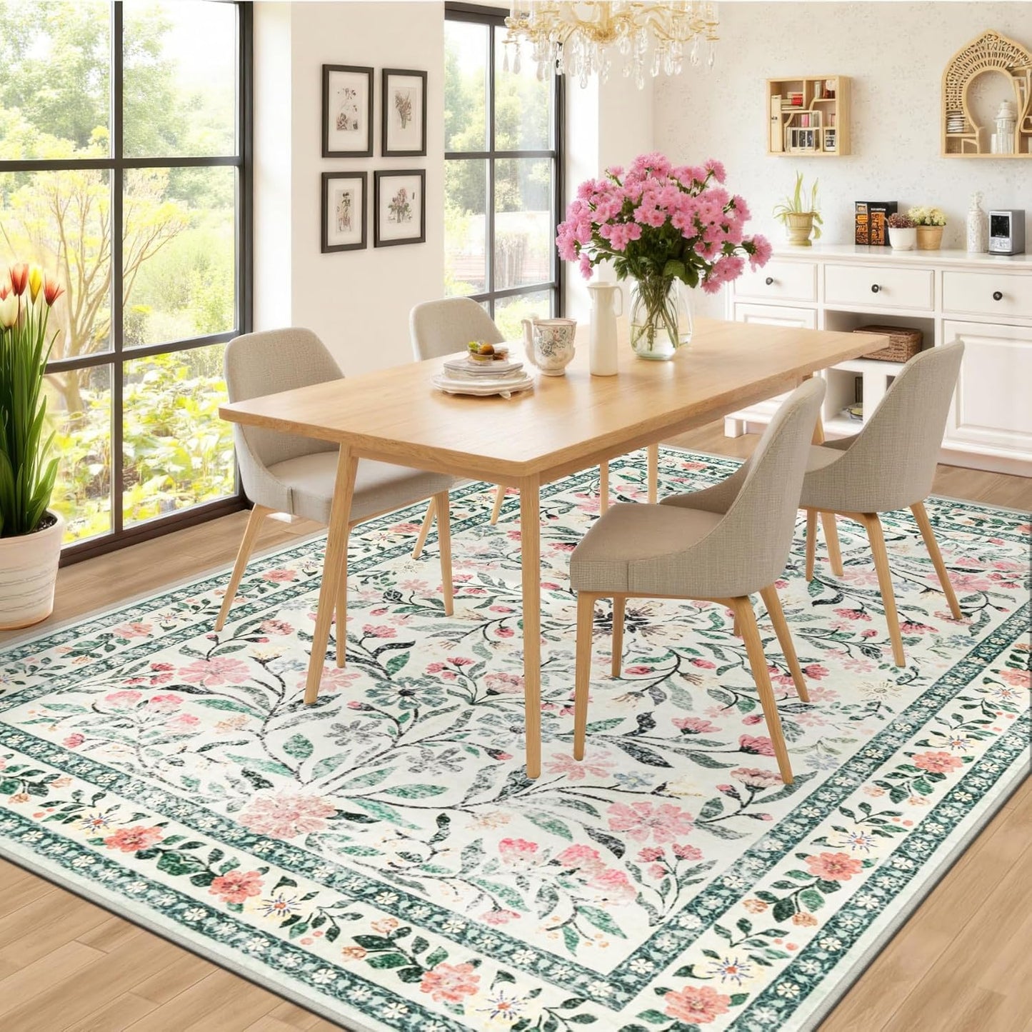 Area Rugs 9x12 Living Room: Floral Washable Rug Vintage Large Soft Boho Non-Slip Carpet Indoor Stain Resistant Low Pile Carpets for Bedroom Dining Room Farmhouse Nursery Home Office Green Beige