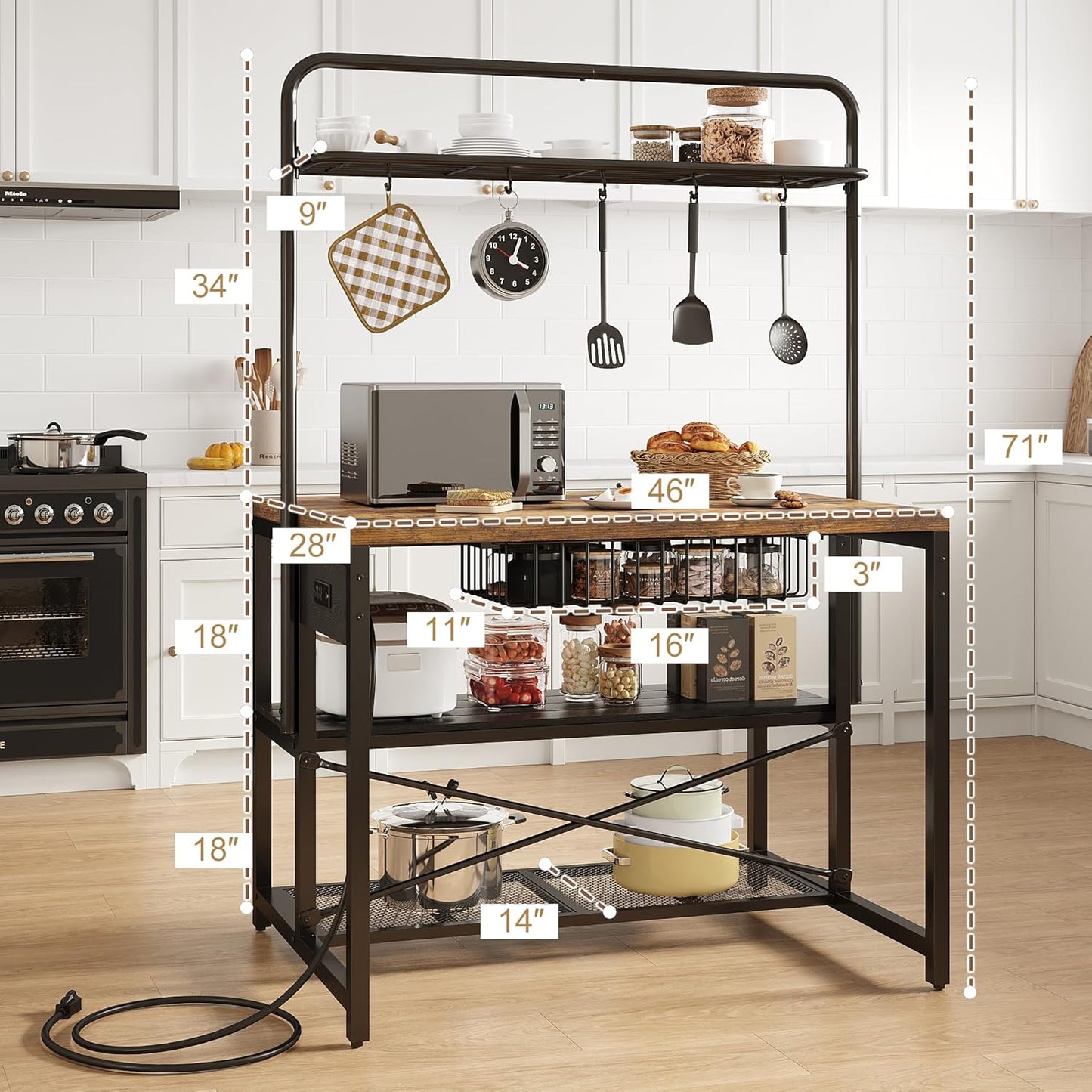 46" Large Kitchen Island Table Baker Rack with Power Outlet and 3-Tier Storage-Microwave Stand Oven Shelf, Metal Coffee Bar Table,Kitchen Storage Shelf for Dining Living Room, 5 Hooks,Vintage