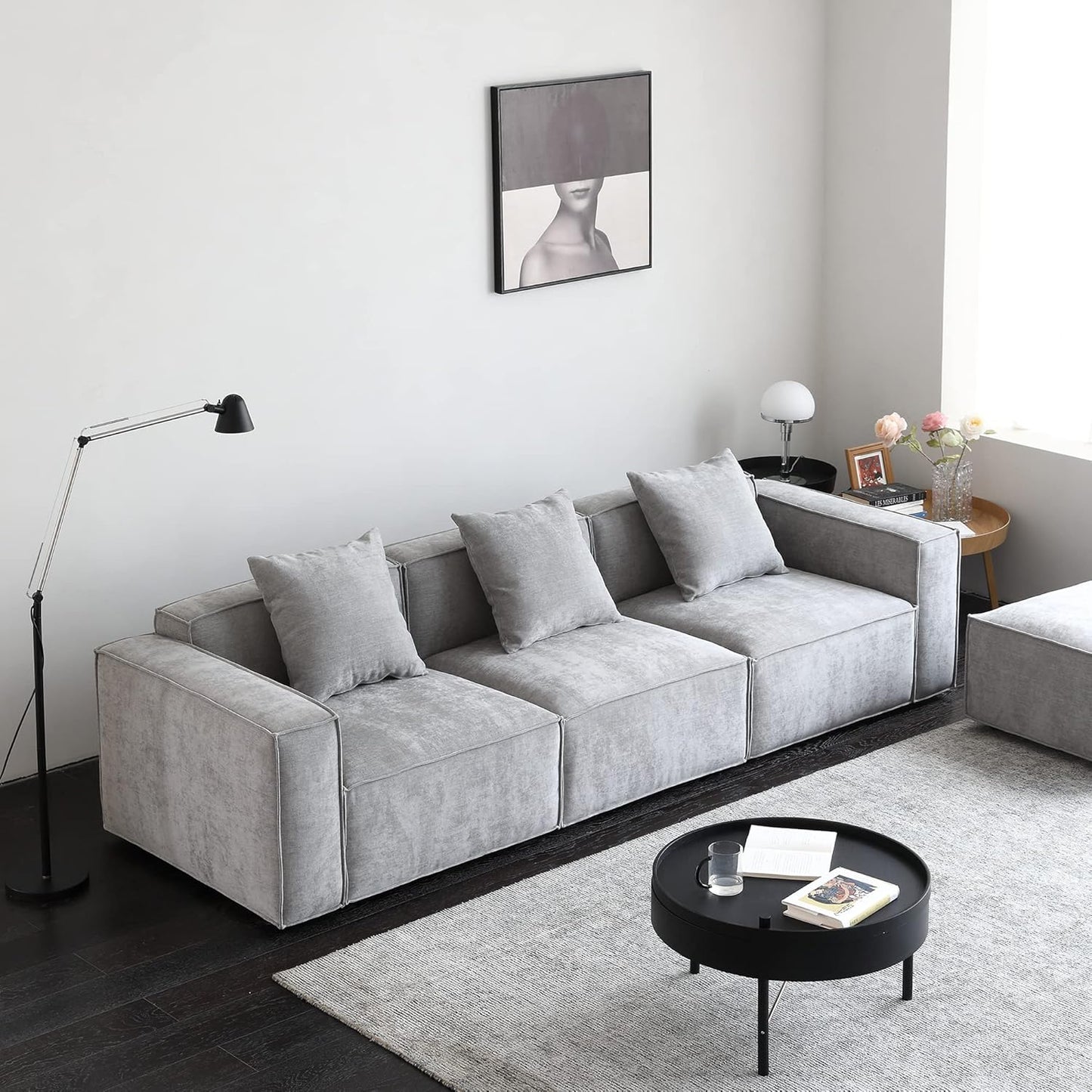 Acanva Luxury Modular Sectional Living Room Sofa Set, Modern Minimalist Style Couch with Ottoman and Chaise, L-Shape, Grey