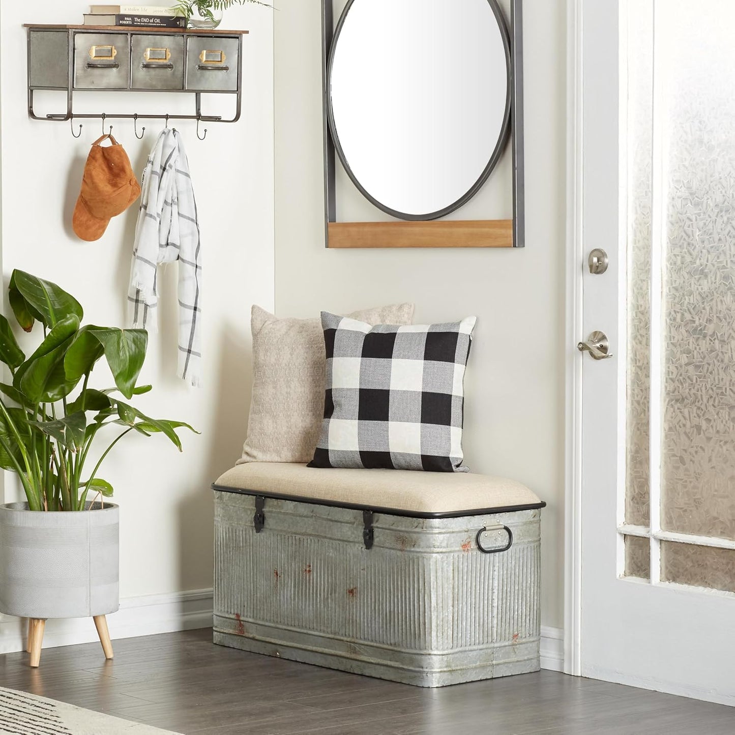 Deco 79 Metal Room Storage Bench Galvanized Entryway Bench with Cream Burlap Top and Black Latches, Bench 38" x 16" x 19", Gray