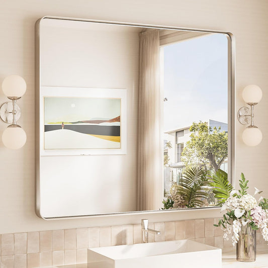 TokeShimi 42x36 Brushed Nickel Bathroom Wall Mirror Vanity Metal Frame Round Corner Rectangular for Home Decor Living Room Entryway (Horizontal/Vertical)
