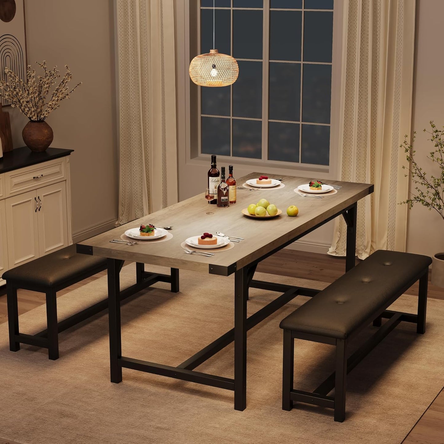 3-Piece Dining Table Set for 4-6 People, Extendable Kitchen Table Set with 2 Upholstered Benches, Dining Room Table Set for Apartment, Kitchen, Living Room, Gray