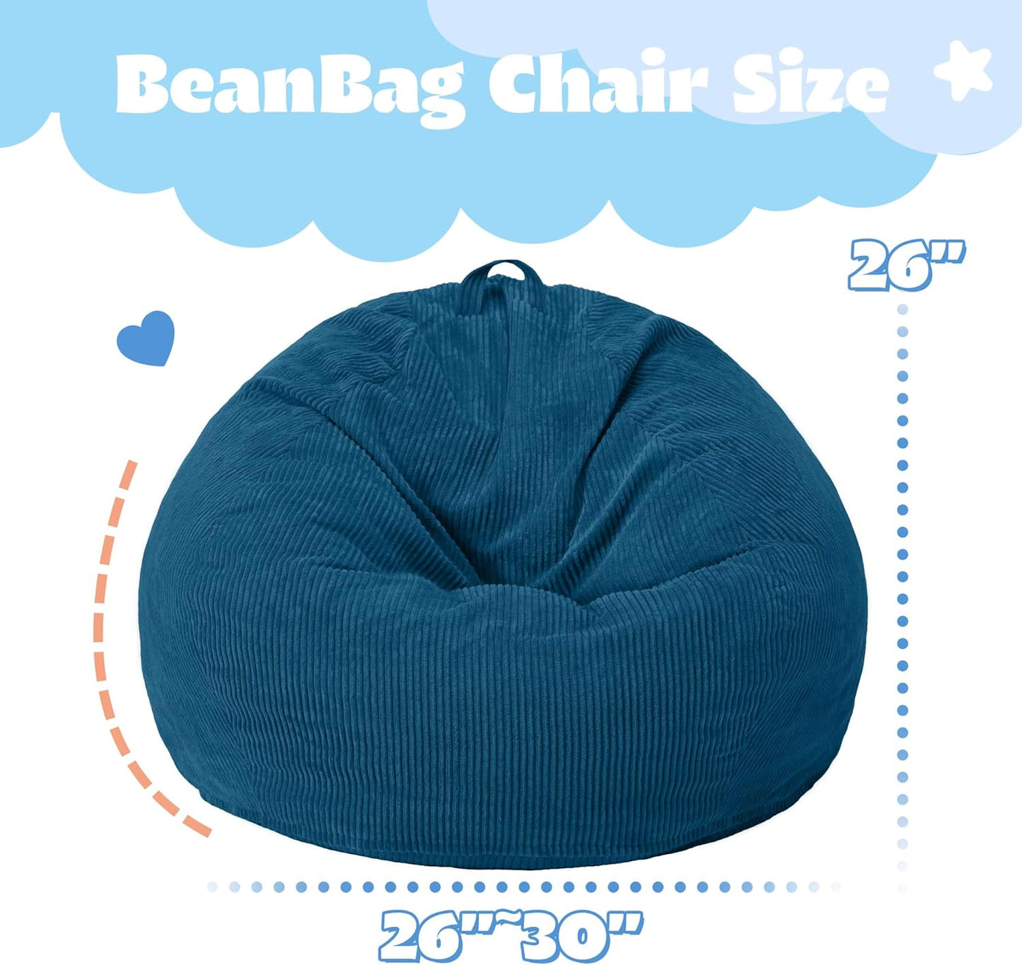 HABUTWAY 2 FT Bean Bag Chair,Giant Bean Bag Chairs,Big Bean Bags with Memory Foam Filled, Large Beanbag Chairs with Soft Corduroy Cover-Dark Blue