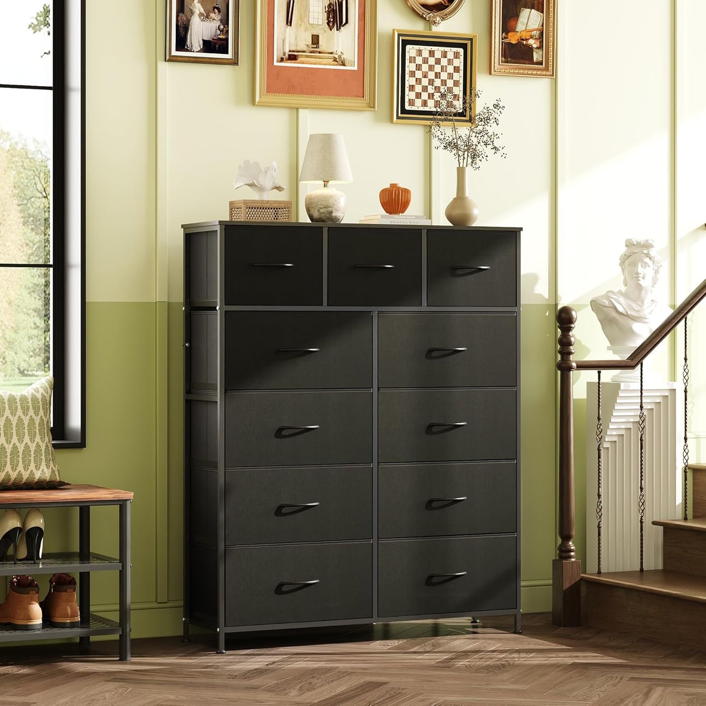 WLIVE Storage Organizer Unit with 11 Fabric Bins, Storage Drawers Organizer with Steel Frame, Tall Storage Tower Organizaton for Living Room, Hallway, Office, Charcoal Black