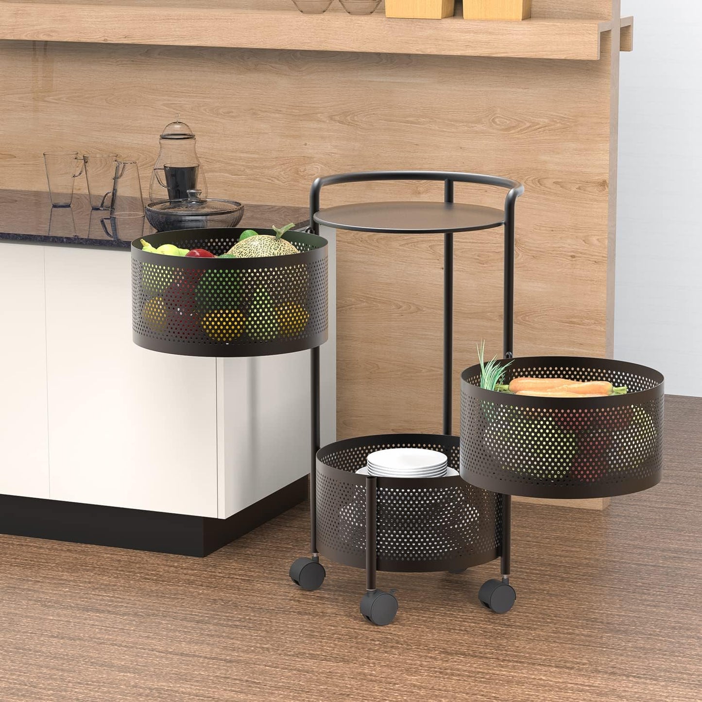 JAQ Rotating Storage Shelves Rack for Kitchen, 3-Tier Multi Layer Removable Basket Shelf Organizer on Rolling Wheels for Fruit Vegetable Grocery Corns Potato Onion (3-Tier, Black)