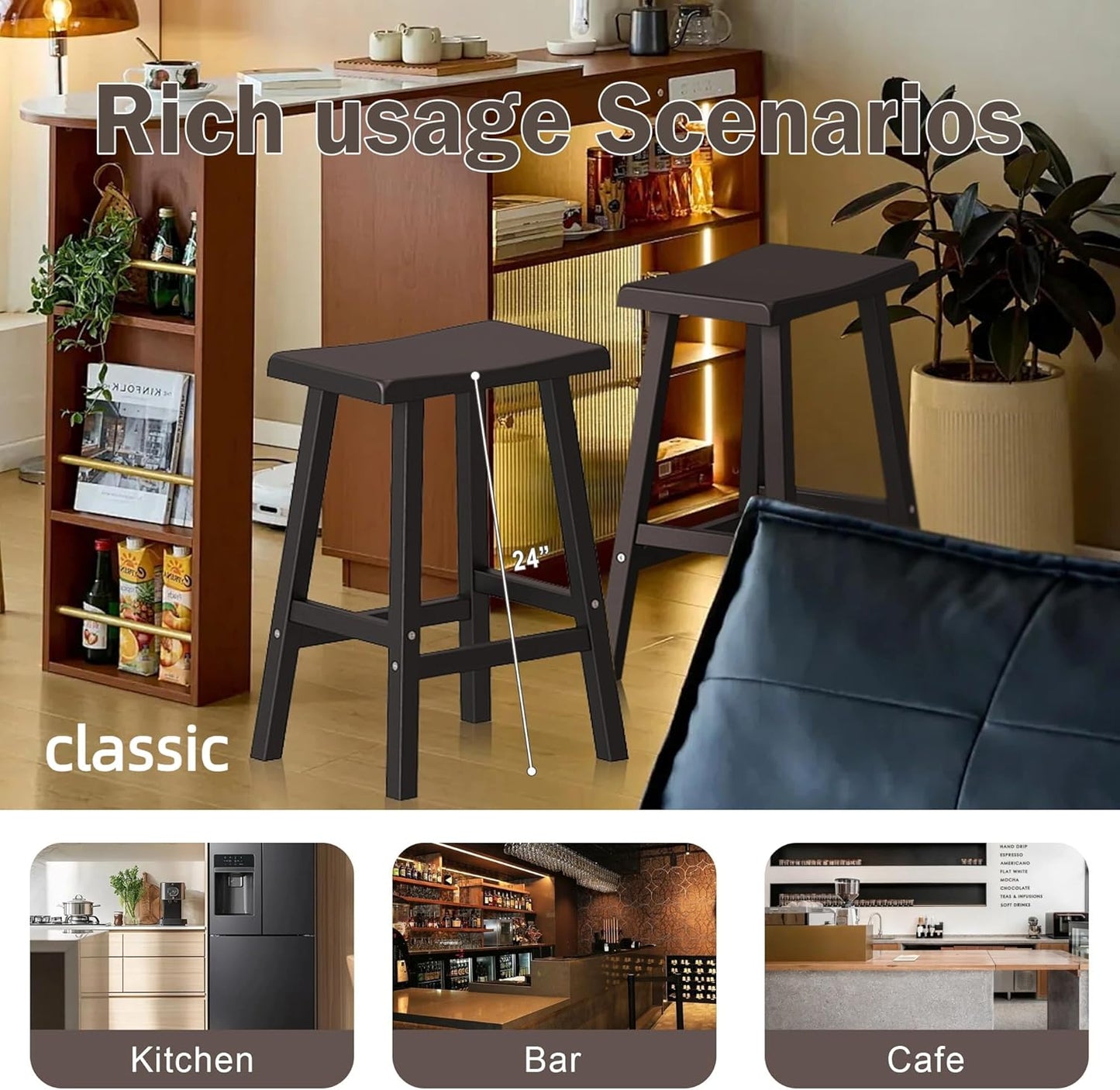 24" H Bar Stools Set of 2 - Classic Saddle Seat with Footrest, Resin Kitchen Counter Stool, Anti-Slip & Waterproof - Tall Barstools for Bar, Kitchen, Dining Room, Lounge - Black