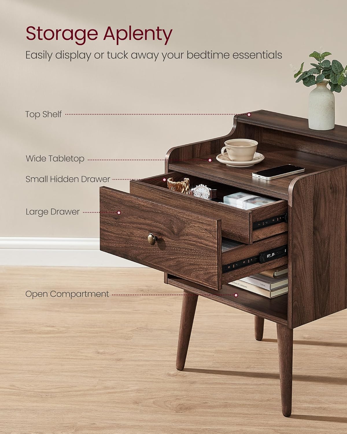 VASAGLE Nightstands, Set of 2, Bedside Tables with Hidden Drawers, Mid-Century End Side Tables with Solid Wood Legs, for Bedroom, Natural Walnut ULET624K01