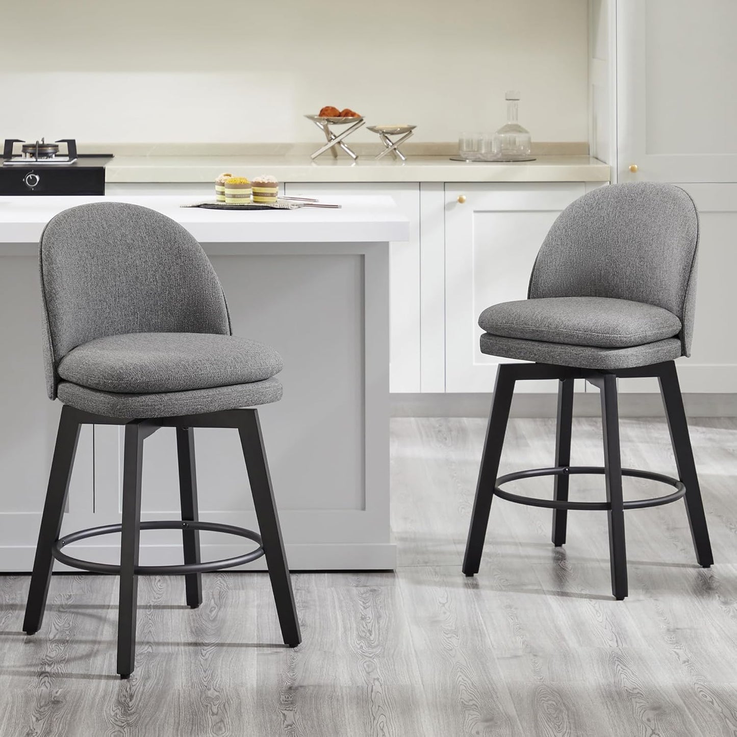 Counter Height Barstools 26 inch Upholstered Swivel Bar Stools with Back and Wood Legs for Kitchen Island,Set of 2,Dark Grey Fabric-Armless
