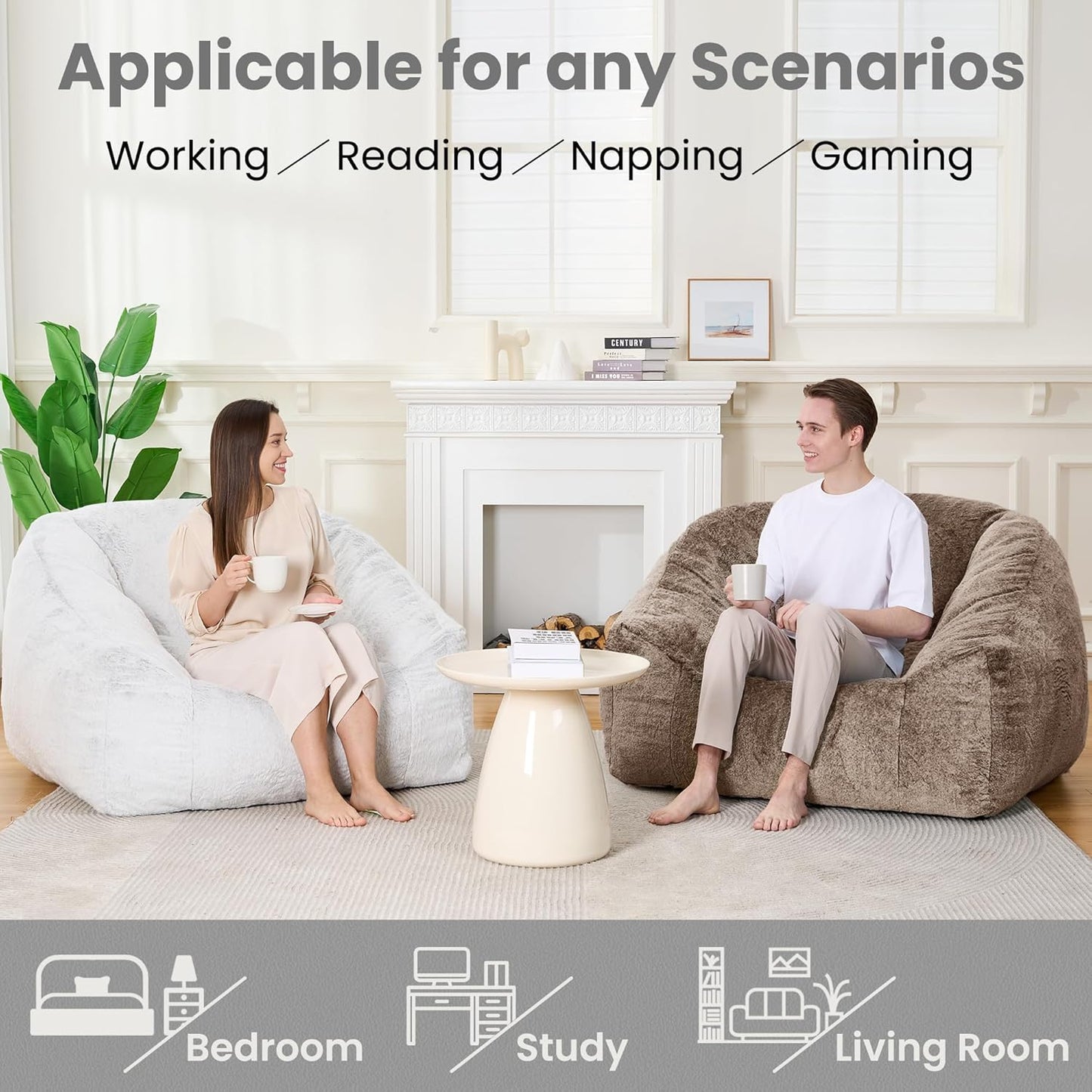 Bean Bag Chairs for Adults, Giant Beanbag Sofa Comfy Reading Chair, Oversized Bean Bag Chairs for Living Room Bedroom, Soft Faux Fur Fabric, 3.2FT, Light Grey, Plush