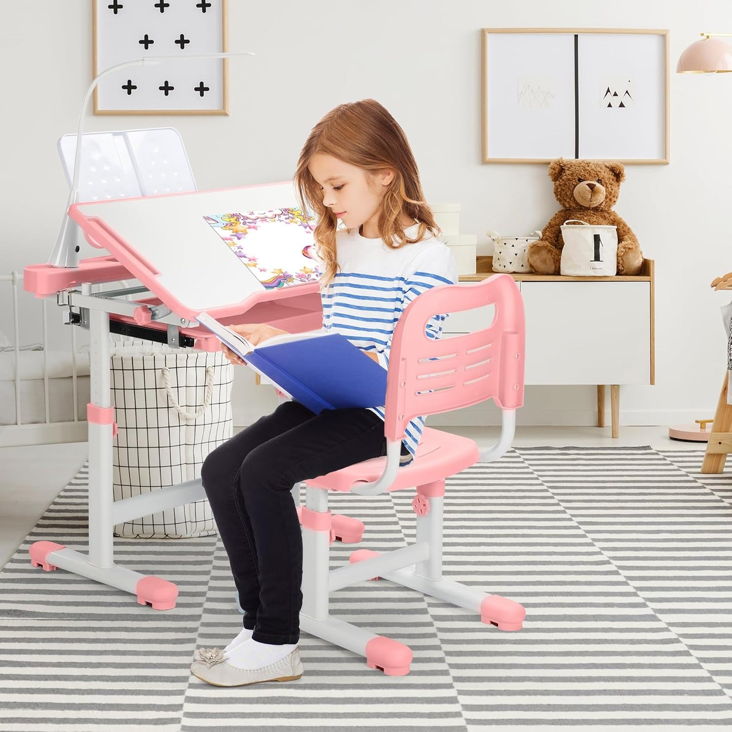 Rengue Kids Desk and Chair Set Height Adjustable Children School Study Desk and Chair with 55° Tiltable Desktop, 3 Mode & Brightness LED Lamps, Storage Drawer & Metal Hook for Boys Girls Gifts (Pink)