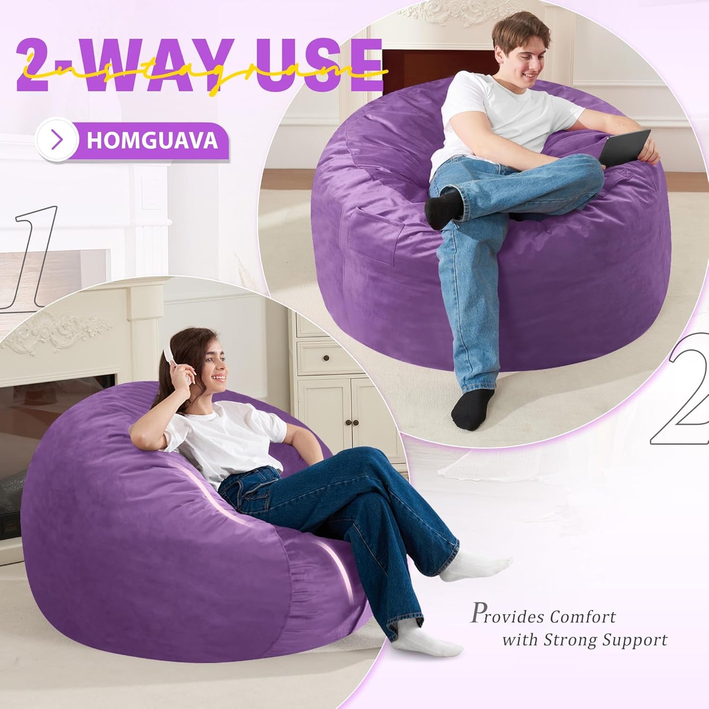 Homguava 3FT Bean Bag Chair: 3' Bean Bags with Memory Foam Filled, Large Beanbag Chairs Soft Sofa with Dutch Velvet Cover-Purple