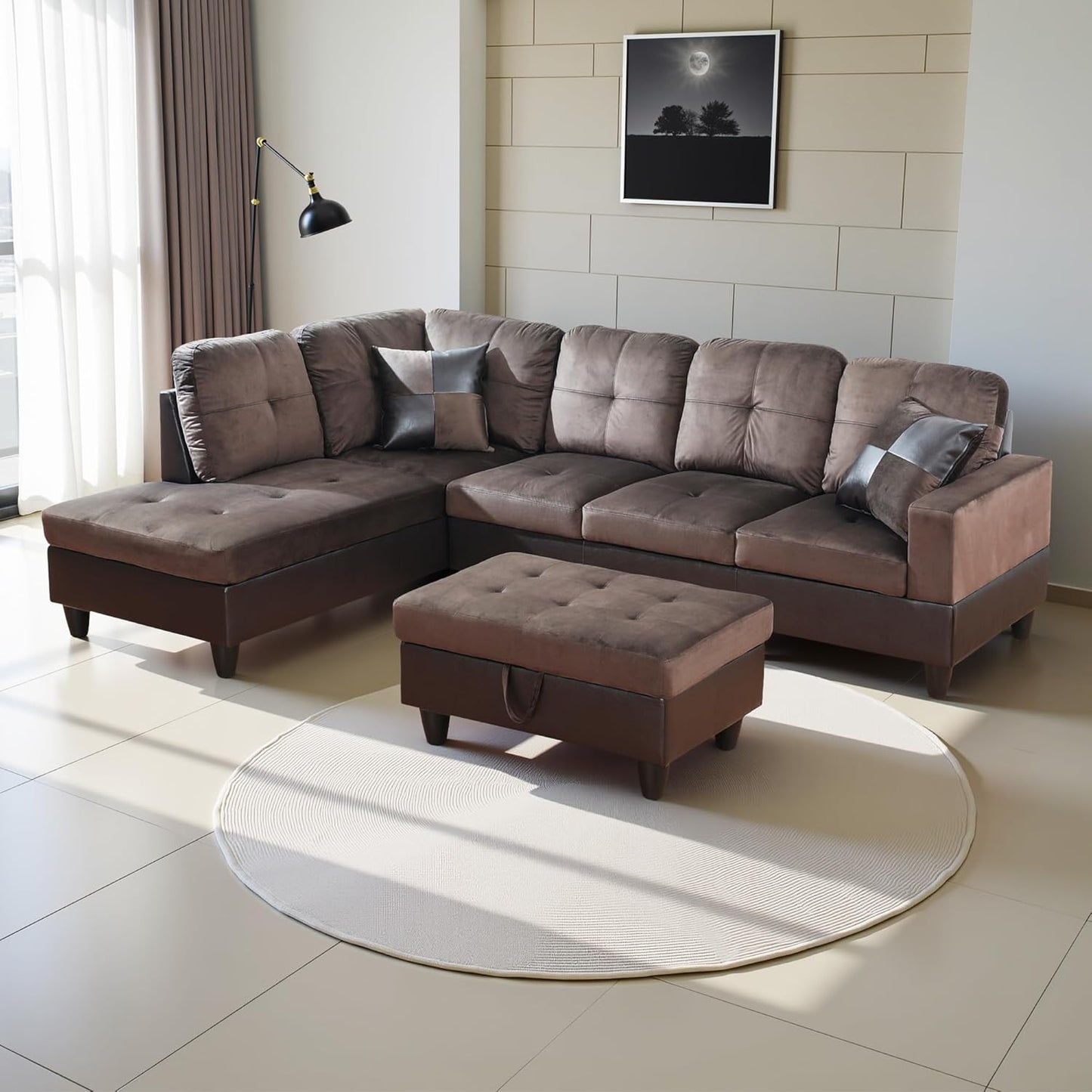 L Shaped Couch Upholstered Flannel Fabric 3 Pieces Sofas for Living Room with Chaise, Storage Ottoman for Office and Small Apartment, Dark Brown