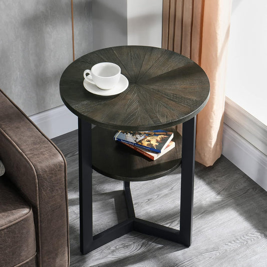 MODERION Small Round End Table with Storage Shelf, Circular Solid Wood Sofa Side Metal Leg, 2-Tier Telephone Table, Nightstand, 24''H x 19.3''D for Living Room Bedroom Entryway Brushed Black BZ1338BK