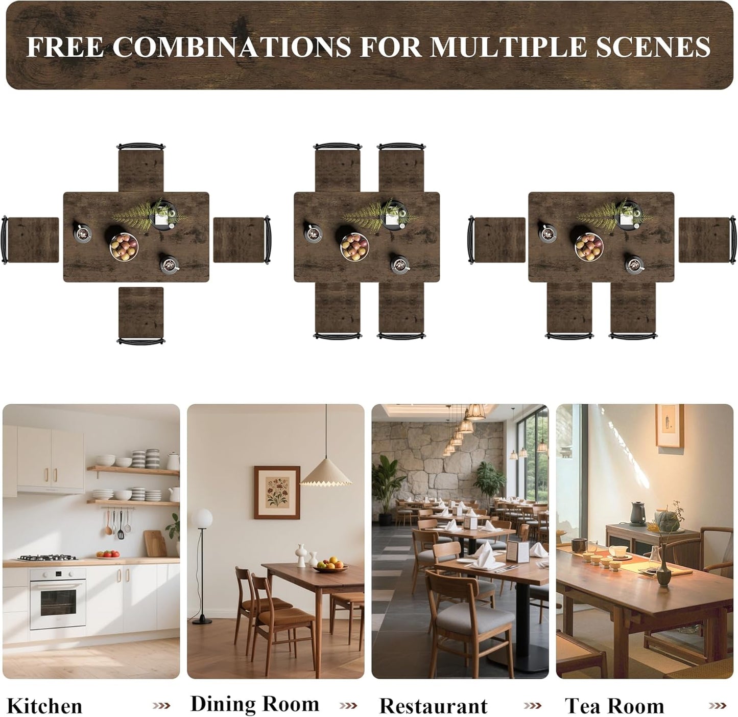 5 Piece Dining Table Set, Modern Metal&Wood Kitchen Dinner Table with 4 Chairs, Dining Room Table Sets for Small Spaces, Brown