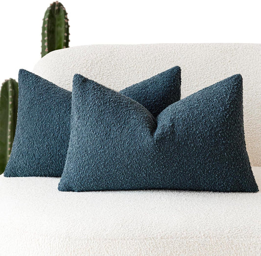 Foindtower Pack of 2 Modern Textured Boucle Throw Pillow Covers Accent Solid Decorative Lumbar Pillow Cases Cozy Couch Cushion Case for Chair Sofa Bedroom Living Room Home Decor, 12 x 20 Inch,Blue