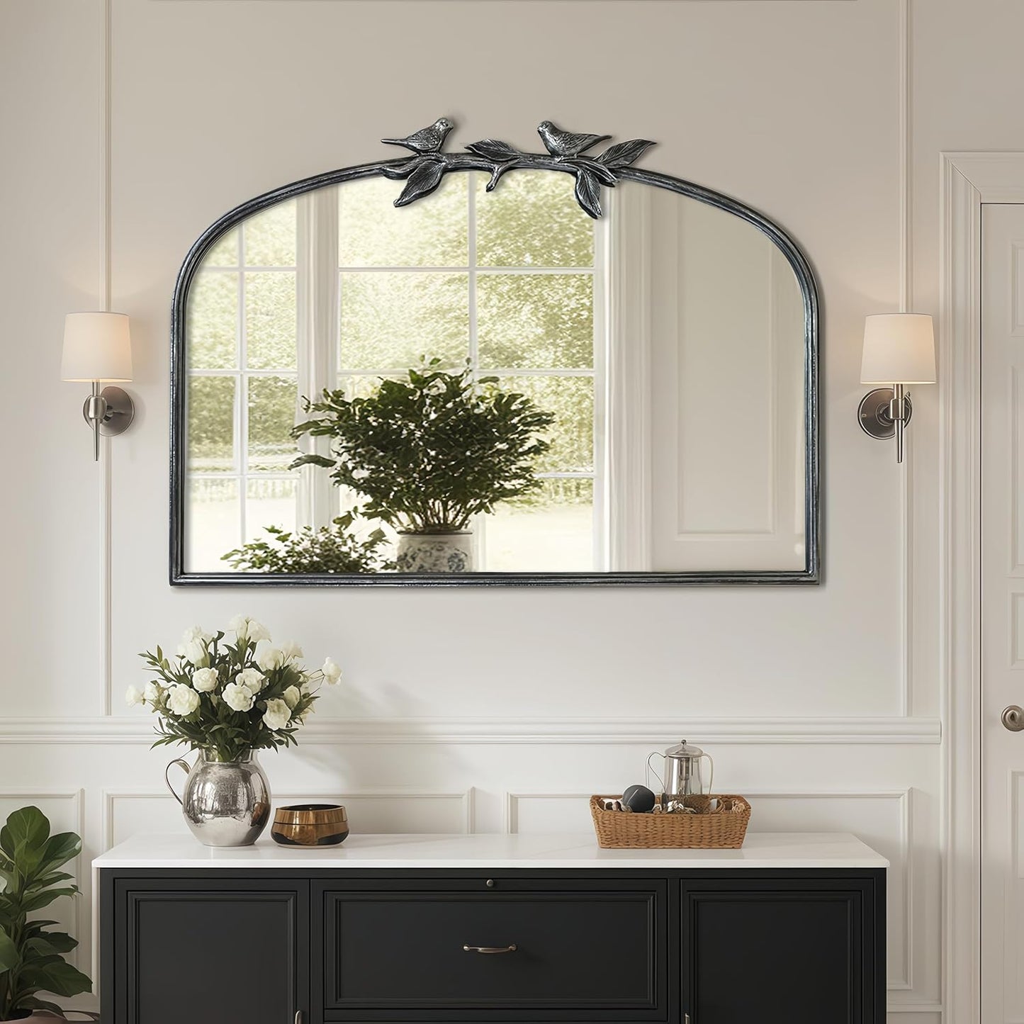 Silver Vintage Mirror - 36x24 Inch, Arched Antique Mirror with Ornate Frame for Bathroom, Living Room, Fireplace, Entryway