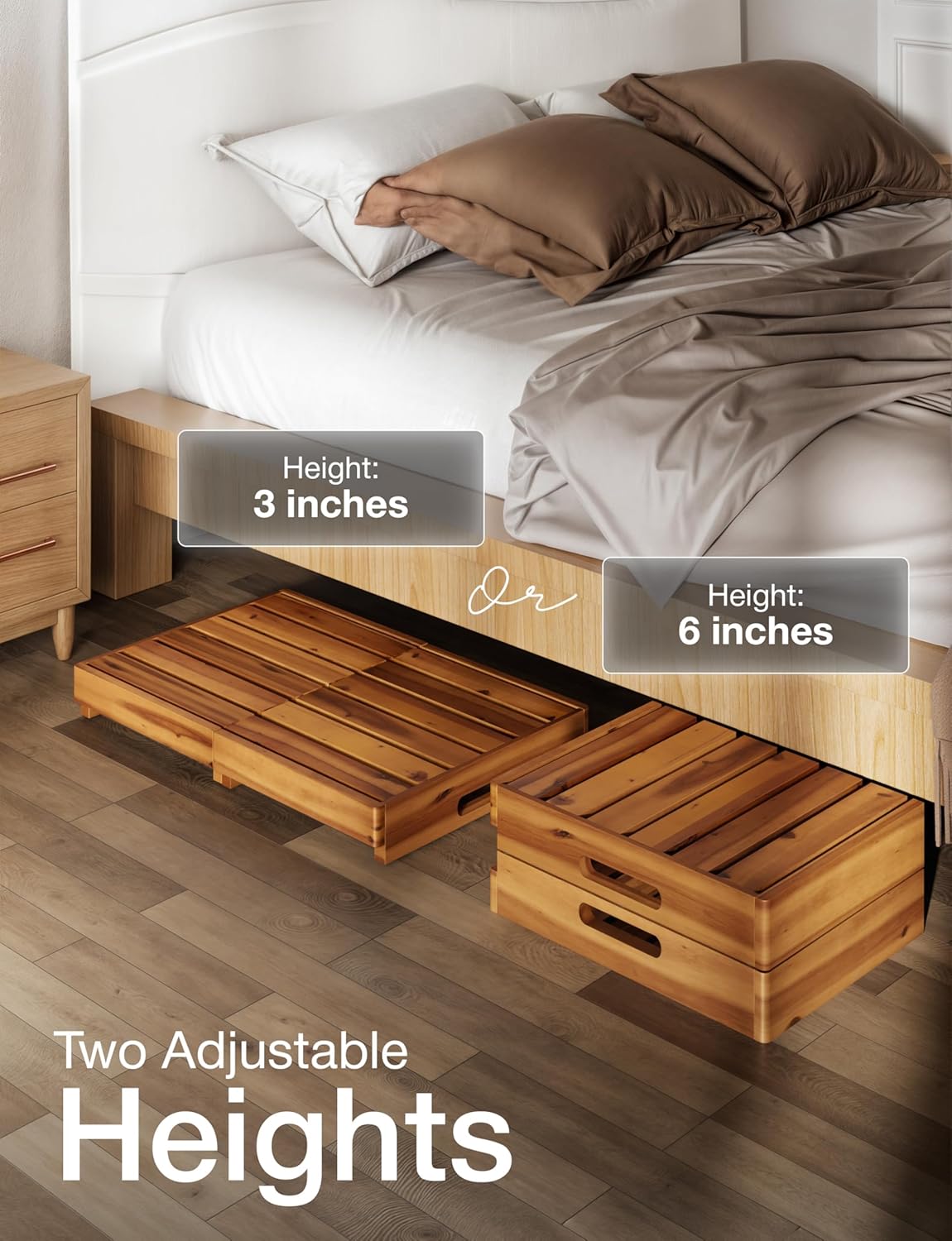 Holana 25in One Foldable Step Stool for Elderly - Acacia Wood High Riser Step Stool for Adults Kid - Wooden Mobility Stepping Stools 400 Lbs Load Capacity for Bathroom Aid Handicap, Bed,Kitchen,Garden