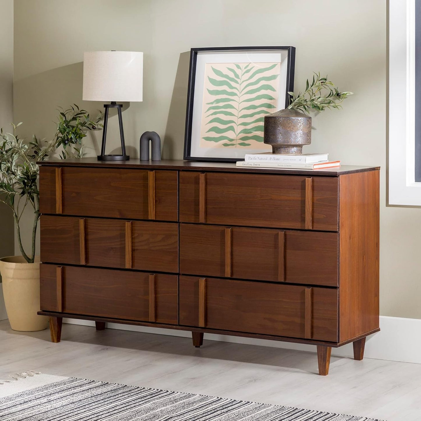 Walker Edison Contemporary Detailed 6-Drawer Solid Wood Dresser, 60 Inch, Walnut