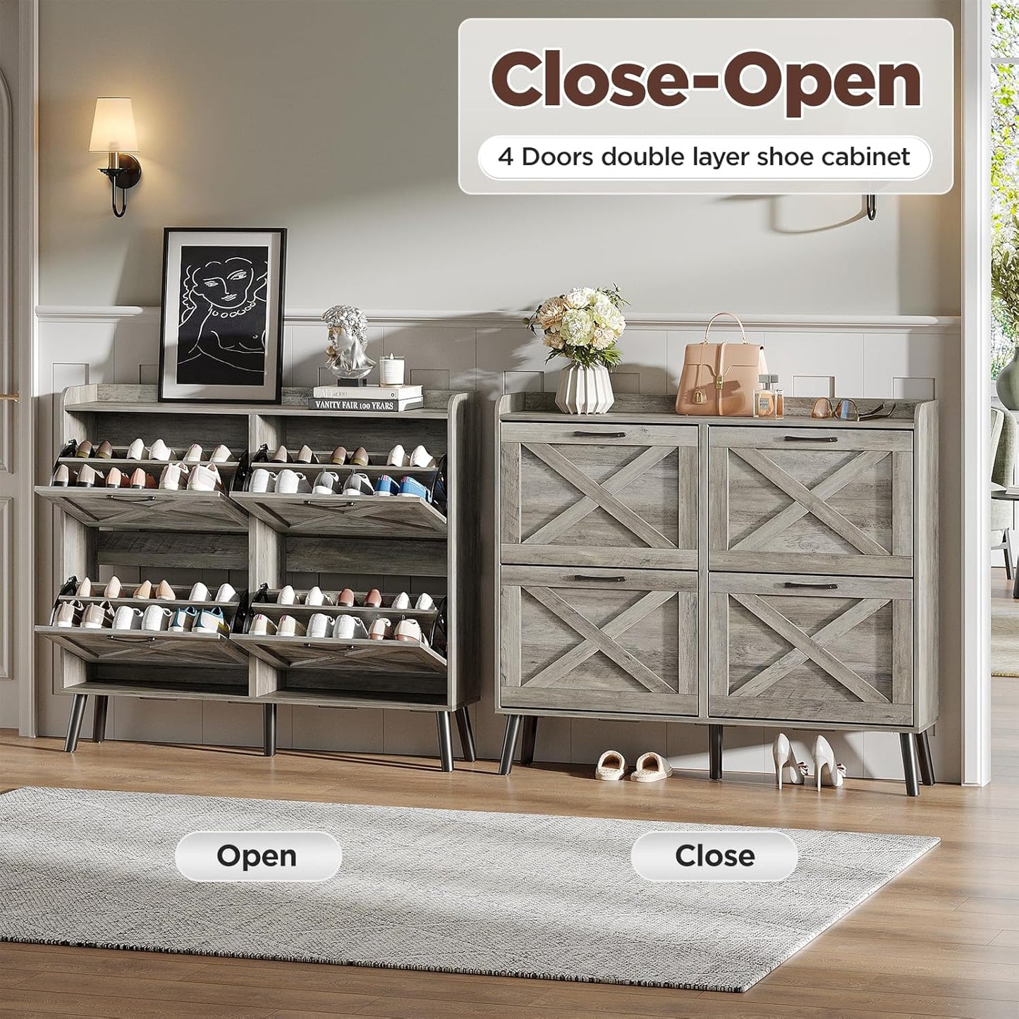 Maupvit Large Shoe Storage Cabinet with 4 Flip Drawers, Narrow Shoe Cabinet for Entryway with Wooden Legs, Freestanding Hidden Shoe Rack Organizer ＆ Metal Hinges, Washed Gray