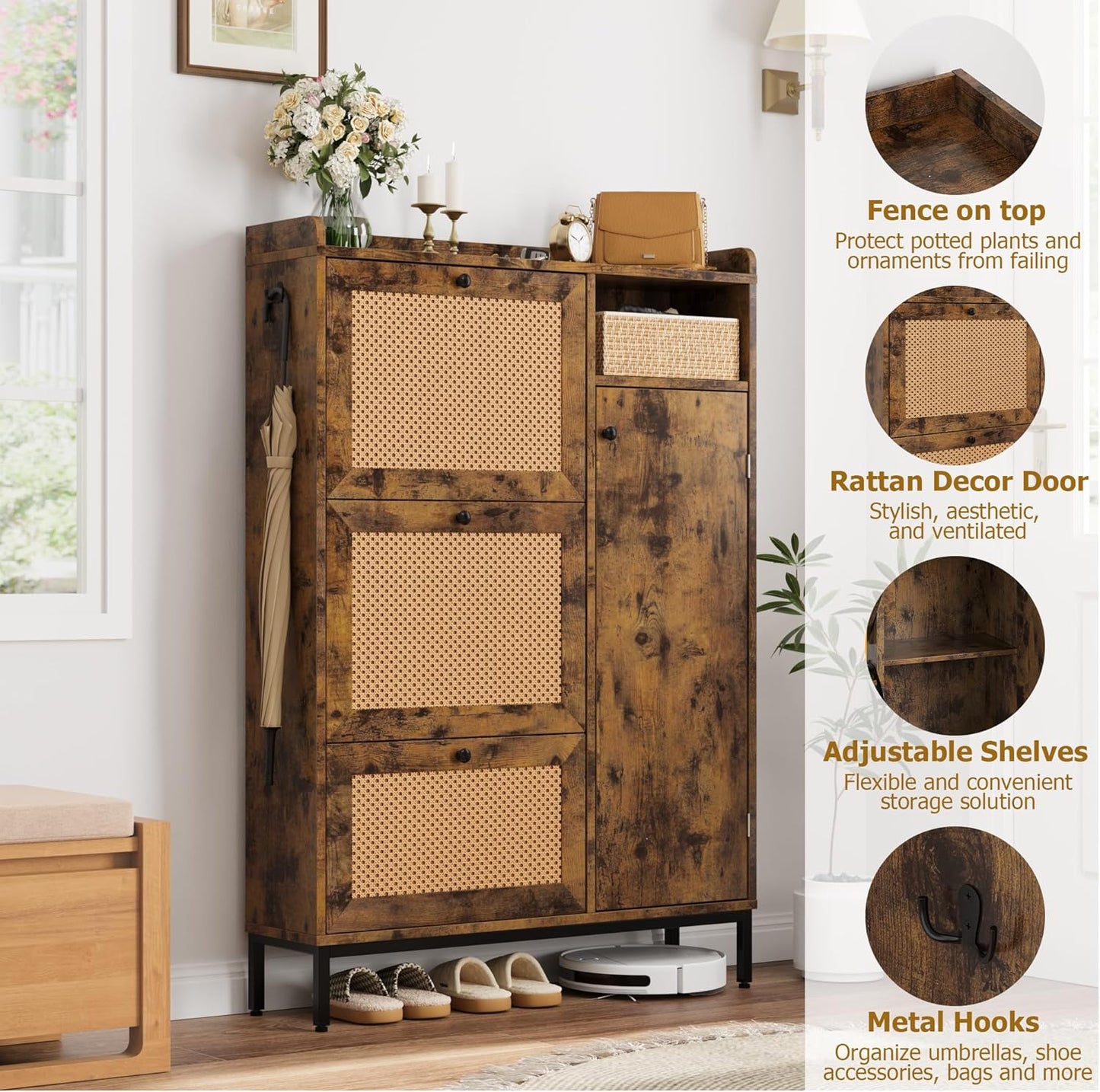 GarveeHome Shoe Cabinet Rattan with 3 Flip Drawers and 4-Tier Shoe Storage Cabinet, Freestanding Shoe Organizer with Adjustable Shelves for Entryway, Closet, Hallway (Brown)