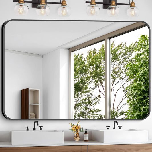 Large Bathroom Mirror, 60 x 40 inch Black Rectangle Mirror, Metal Framed Rectangular Vanity Mirror, Rounded Corner Wall Mounted Mirror for Over Sinks Bedroom Living Room Horizontal/Vertical