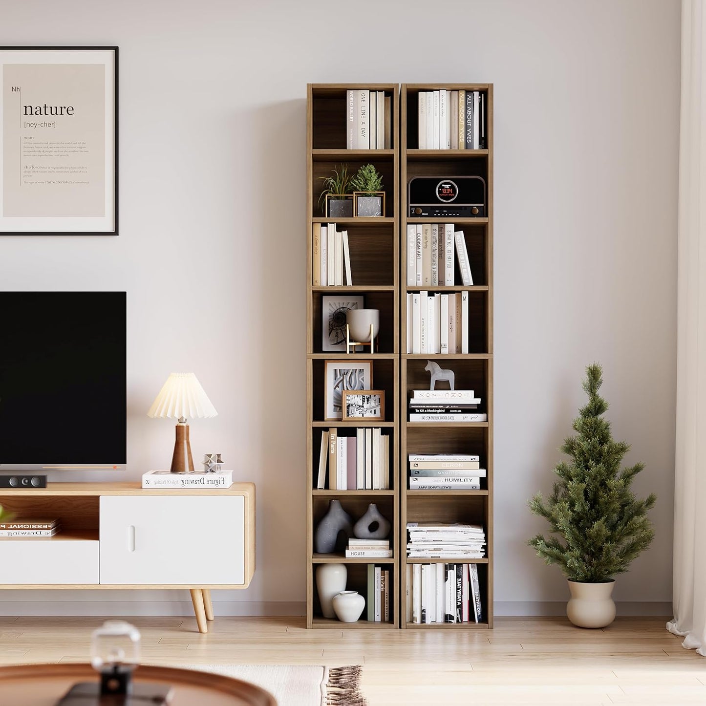 Bamjoy 71 Inches Tall Narrow Bookshelf, 8-Tier Slim CD DVD Media Shelf, Corner Bookcase with Adjustable Shelves, Cube Skinny Bookshelf for Home Office Small Space, Light Walnut