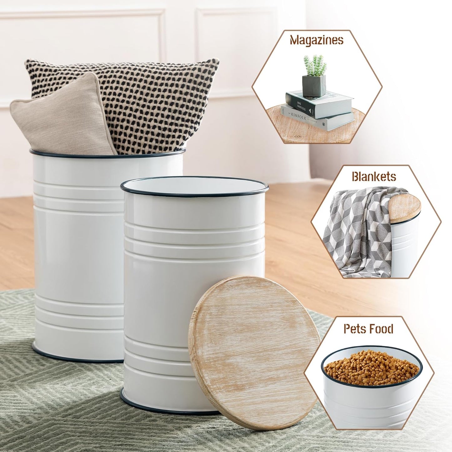 Glitzhome Farmhouse Accent Side Table, Metal Storage Stool Ottoman with Round Lid - Galvanized Coffee Cocktail End Tables Set of 2 for Living Room Bedroom, White