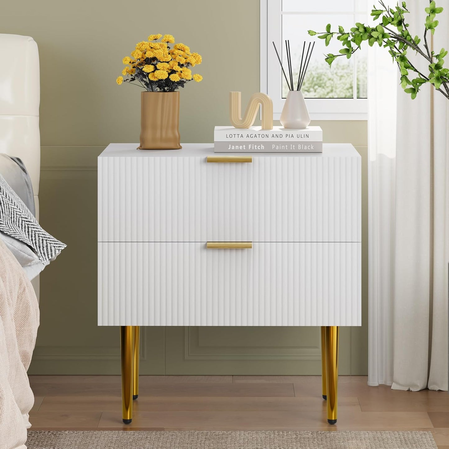 White Nightstand for Bedroom, Fluted Night Stand, End Table for Living Room, Mid Century Modern Bedside Table with Drawers, Bed Side Table with Gold Metal Legs, Bedroom Furniture Stripe