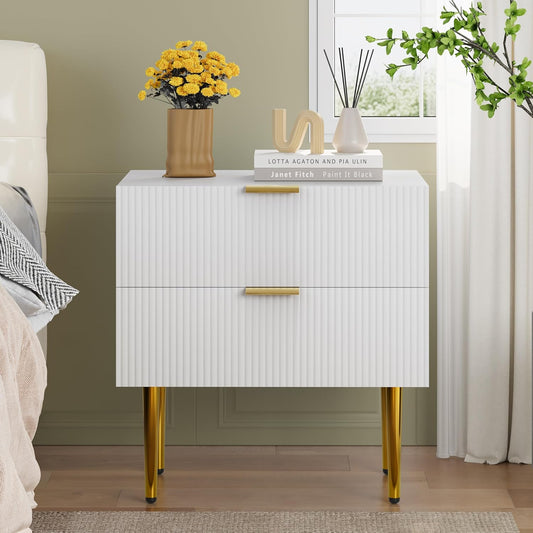 White Nightstand for Bedroom, Fluted Night Stand, End Table for Living Room, Mid Century Modern Bedside Table with Drawers, Bed Side Table with Gold Metal Legs, Bedroom Furniture Stripe