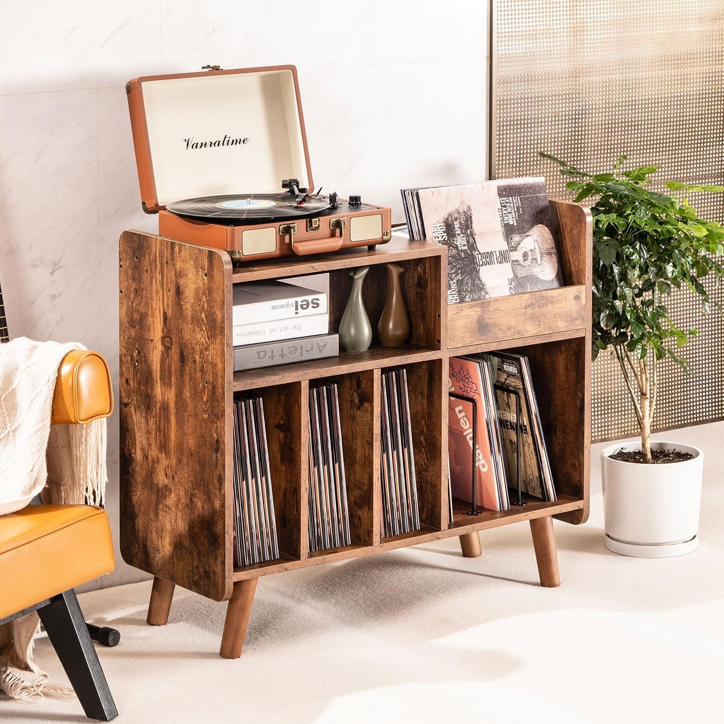 Record Player Stand, Large Record Player Table Cabinet with Open Vinyl Storage and Display Shelf Holds up to 350 Albums, Mid Century Wood Turntable for Living Room, Bedroom (Brown)